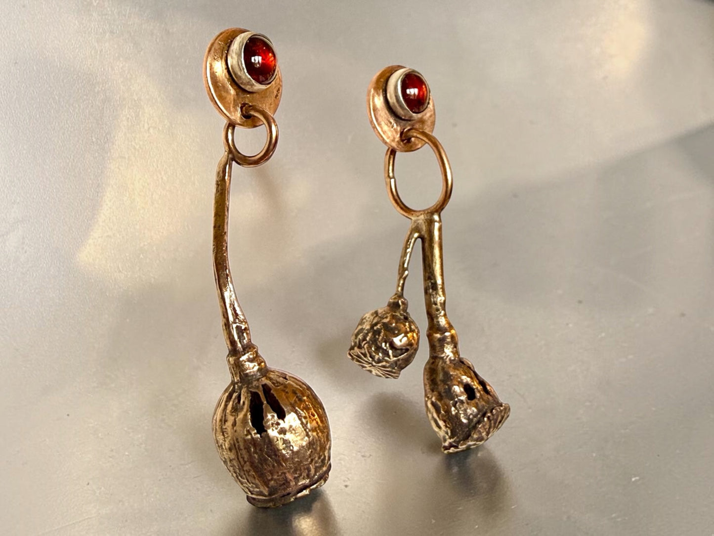 Bronze Poppy Pod Earrings with Garnets