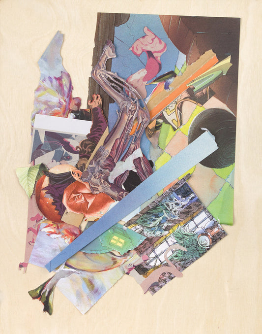 A flood of imagery erupts from the lower-left corner of the wood panel, fanning out as it overtakes a large section of an illustration of Gipetto's bed from Disney's Pinocchio. Most of the recurring clippings from the series are present, including the anatomical horse leg illustration, the faded rose, and the blighted peach. The palette swirls with greens, blues, purples, and oranges, with torn fragments of a floral oil painting adding even more complexity. The composition is highly chaotic and textural.