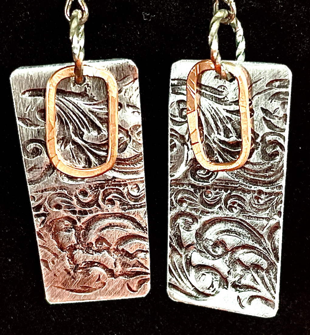 Aluminum Patterned Earrings with Square Copper Dangle