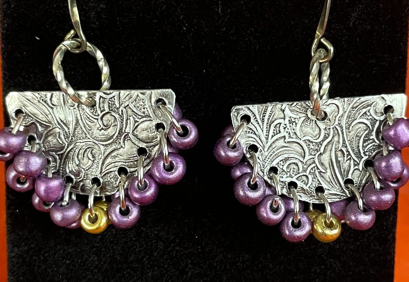 Half Round Patterned Aluminum Earrings with Bead Fringe