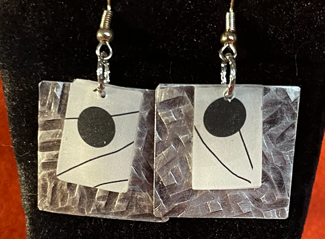 Square Patterned Aluminum Earrings with Acrylic Overlay Dangle