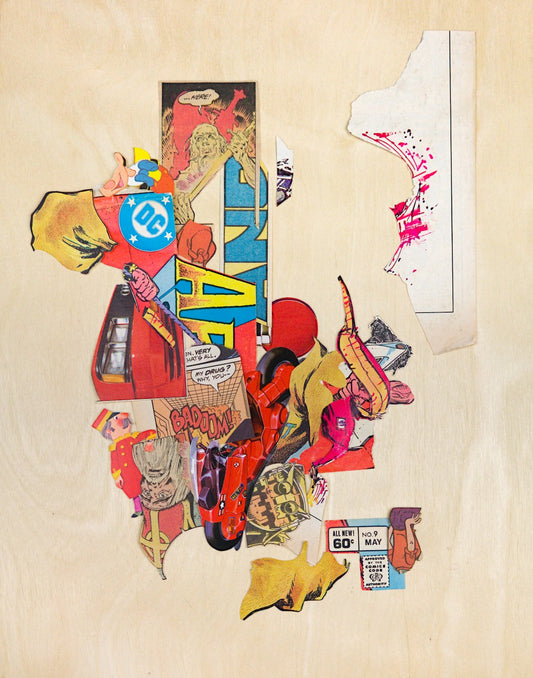 A chaotic collision of clippings with a lot of red and yellow, with pops of blue. Things are most tangled in the lower-center, where the faces of a frightful golden robot and a fearful bishop are divided by the motorcycle from Akira, and above that rises a sort of pillar of clippings on the left side, capped by an old man offering up a golden sword.