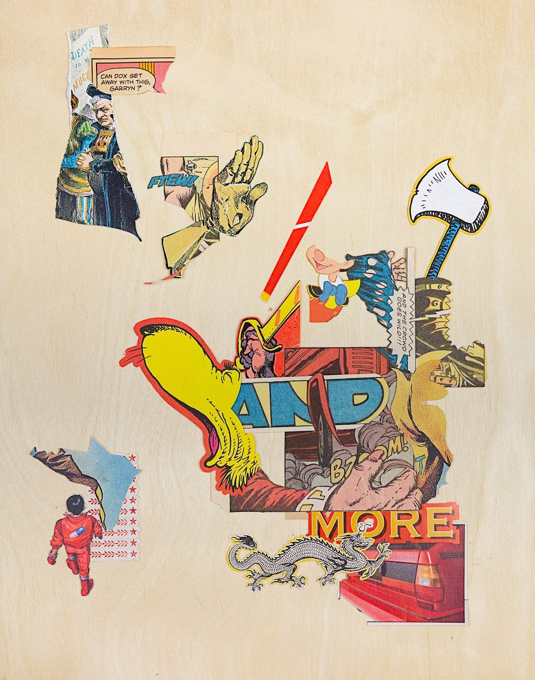 A frenetic cluster of clippings dominates the lower-right quadrant with a lot of red and yellow tones, with blue accents. Amid the jagged edges and swirling forms, a few identifiable features include a Chinese dragon, parts of 1980s sports cars, a hand raising a golden sword, a cartoonish axe, and an abstract section of a smiling Pinocchio. Most prominently, however, the large face of a yellow Dr. Seuss beast bellows towards the space to the left.