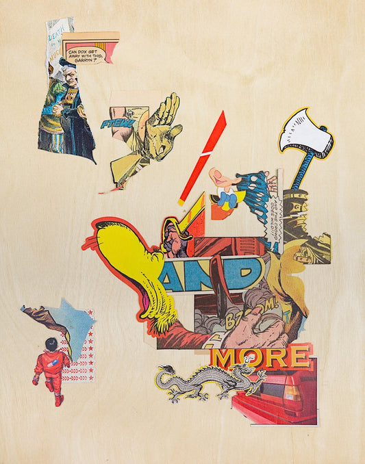 A frenetic cluster of clippings dominates the lower-right quadrant with a lot of red and yellow tones, with blue accents. Amid the jagged edges and swirling forms, a few identifiable features include a Chinese dragon, parts of 1980s sports cars, a hand raising a golden sword, a cartoonish axe, and an abstract section of a smiling Pinocchio. Most prominently, however, the large face of a yellow Dr. Seuss beast bellows towards the space to the left.